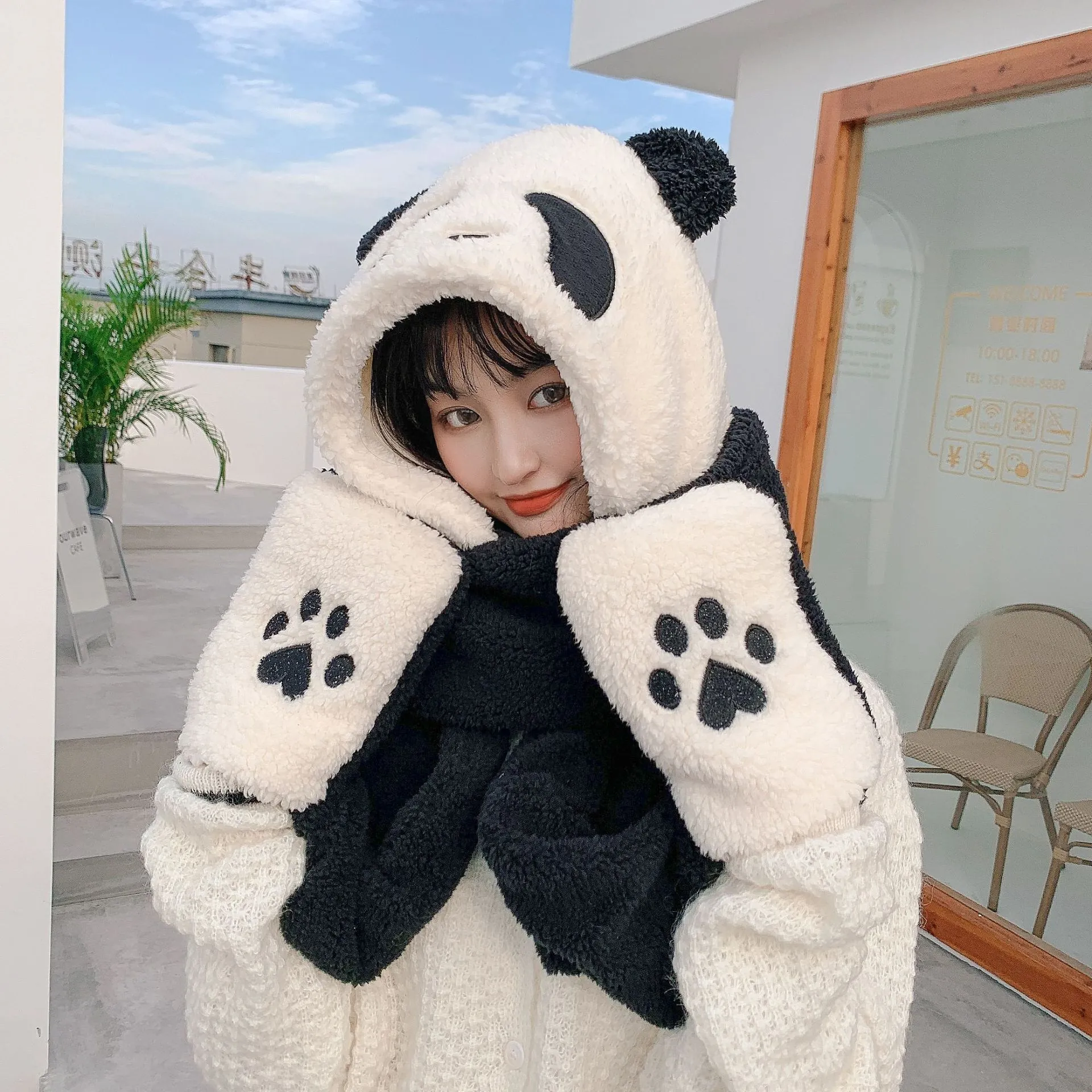 Panda Hooded Scarf Hat And Gloves Plush Fleece Warm Winter Ear Protection Pockets For Women Adult Novelty Style