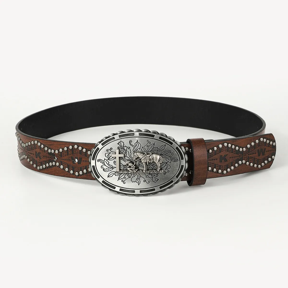 Western Cowboy Belt PU Leather With Oval Embossed Alloy Buckle Vintage Retro Studded Waist Strap For Men Women