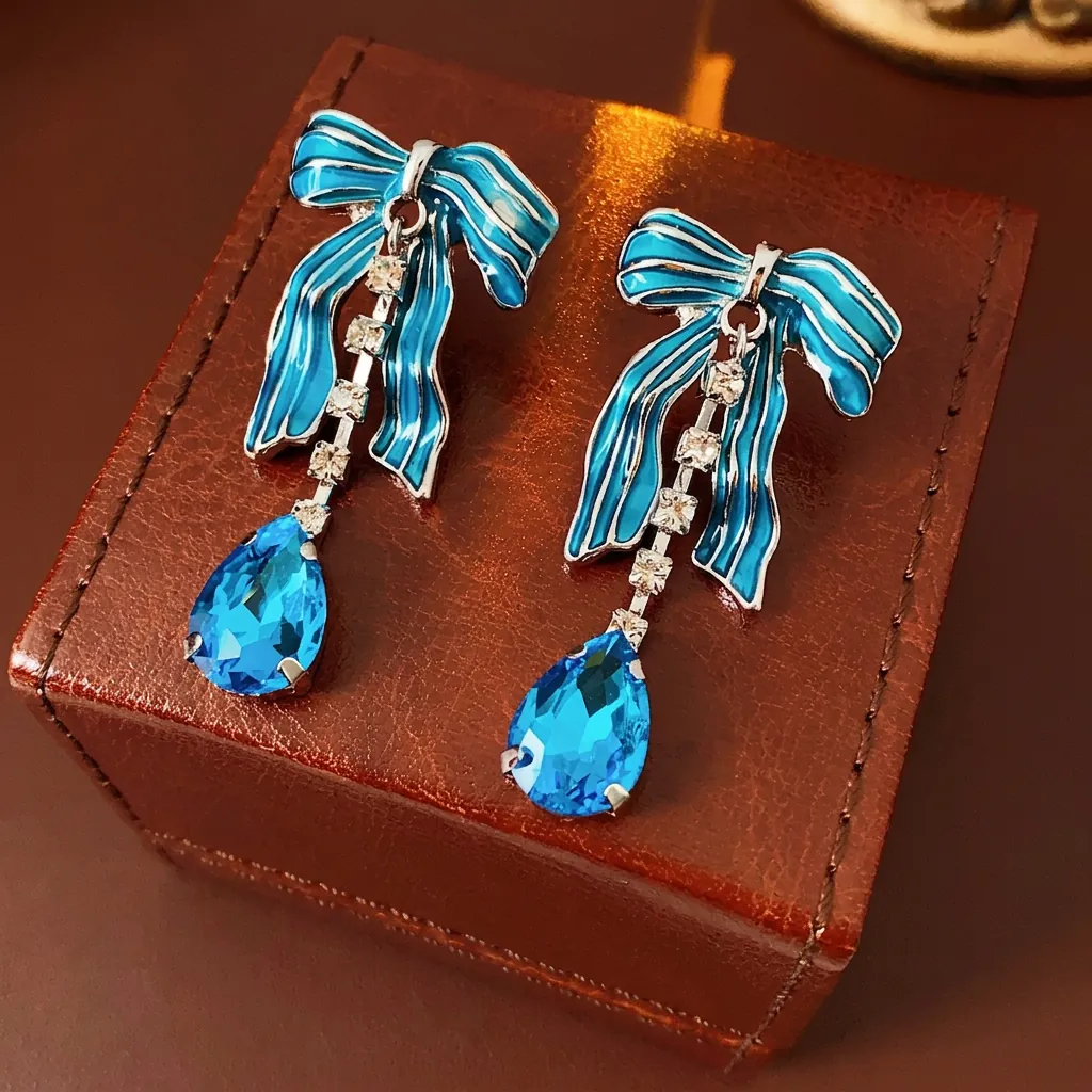 Orecchini Pendenti Fiocco Blu Con Perno In Argento Rame Smalto Pera Goccia D'acqua Zircone Stile Corte Francese