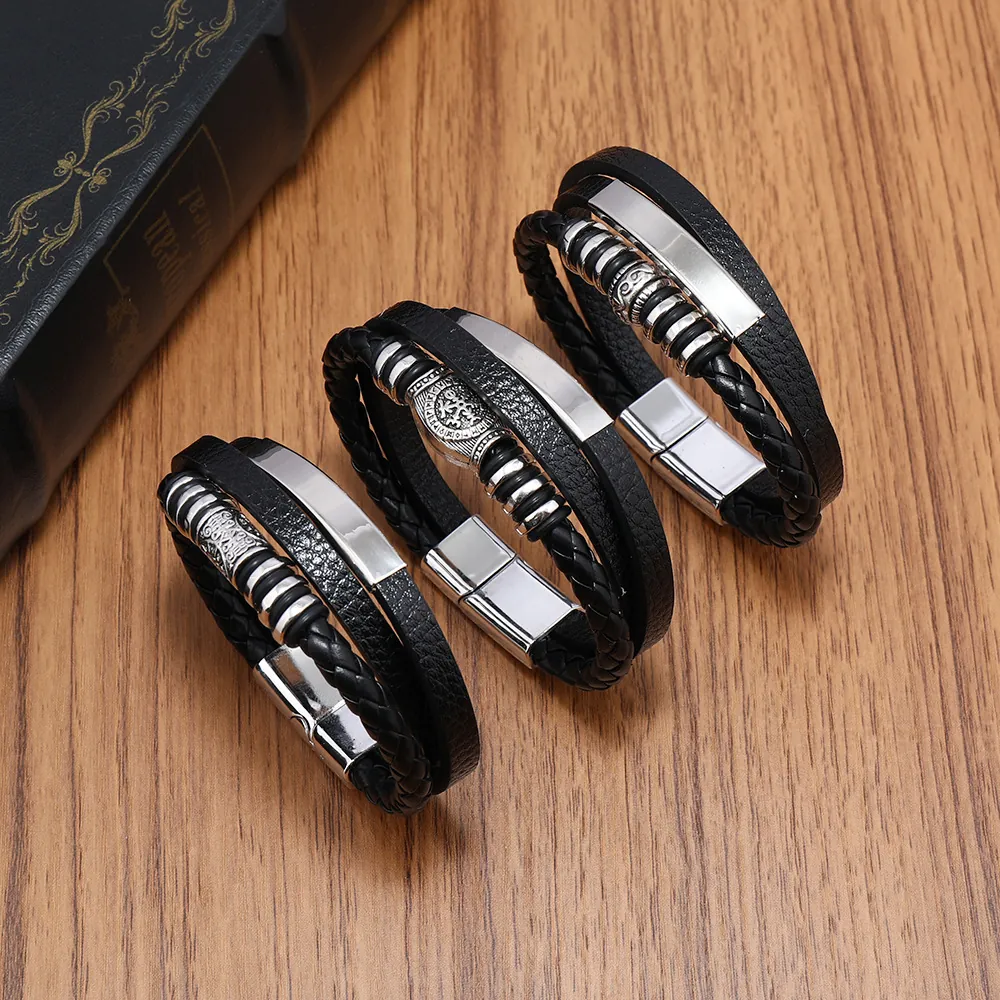 Multi-Layer Braided PU Leather Bracelet For Men With Alloy Magnetic Clasp Vintage Viking Compass Nordic Retro Wristband