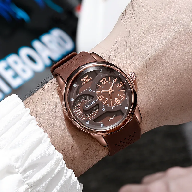 Mode Heren Sport Quartz Horloge Legering Kast Siliconen Band Dubbele Wijzerplaat Outdoor Vrijetijds Polshorloge
