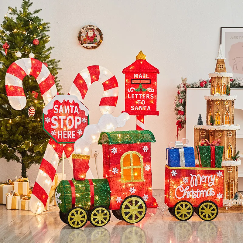 Christmas LED Illuminated Large Wooden Castle Festive Mailbox Train Candy Cane Holiday Scene Layout Props Decoration