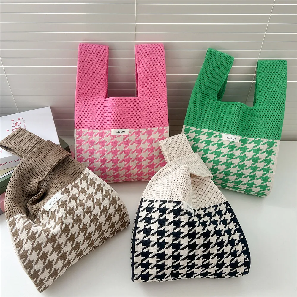 Fashionable Houndstooth Knitted Handbag For Women Contrast Color Mini Tote Wrist Bag Soft Polyester Commuting Purse