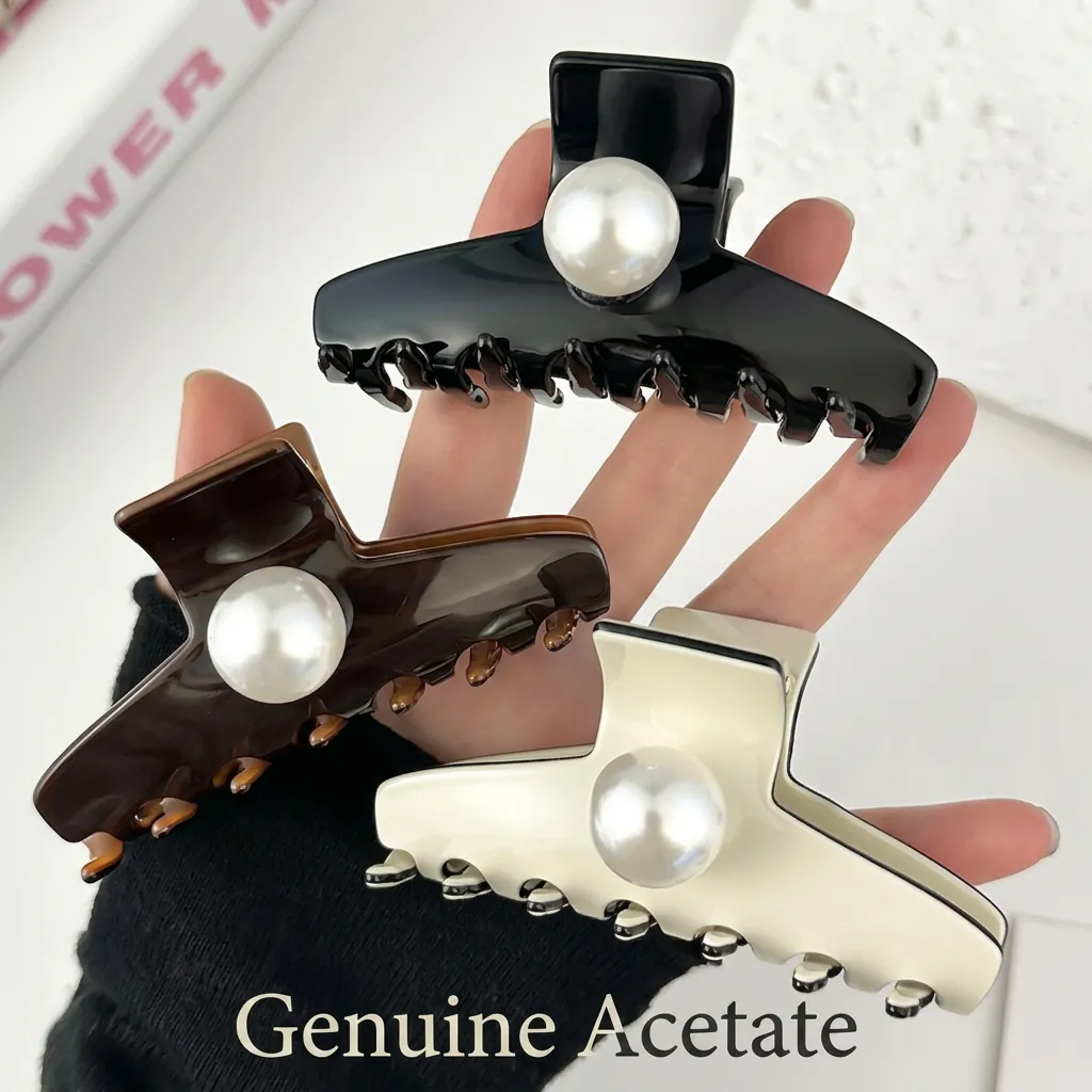 Elegant Large Acetate Hair Claw With Big Faux Artificial Pearl French Style Shark Clip Hair Accessories For Women