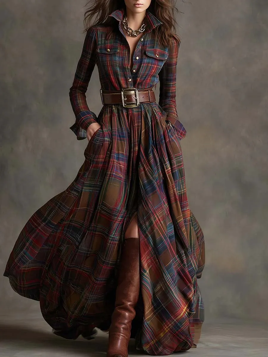 Französisches Vintage Plaid Maxi Kleid Für Damen Langarm Revers Einreihiges Flare Hemdkleid Mit Gürtel Elegantes Outfit