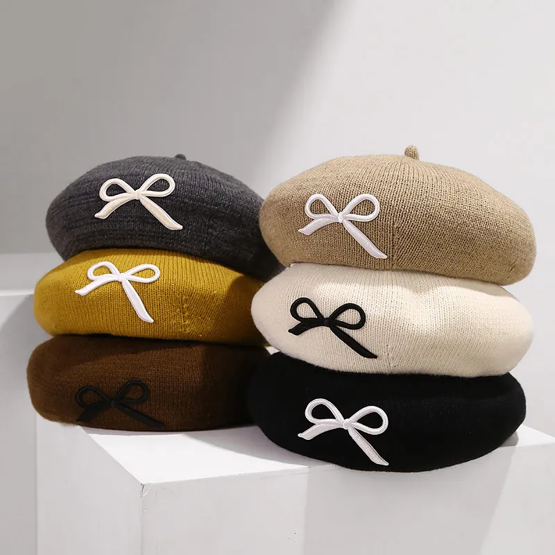 Béret Tricoté En Polyester Avec Nœud Style Français Douce Casquette De Peintre Vintage Pour Femme Ajustable