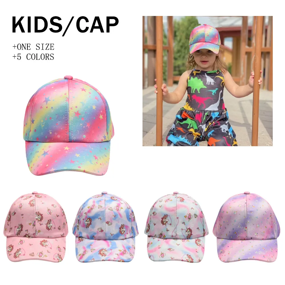Kids Baseball Cap Polyester Rainbow Gradient Unicorn Star Sun Protection Adjustable Outdoor Hat For Girls