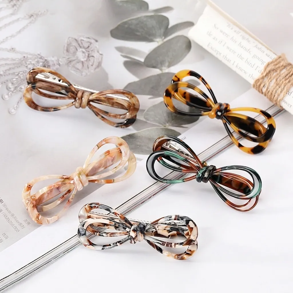 Acetate Bow Hair Clip Tortoiseshell Marble Pattern Vintage French Style Duckbill Side Clip Fashion Accessory Women