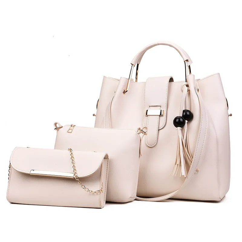 Women Elegant PU Leather Handbags With Beaded Tassel Tote Shoulder Bag And Chain Wallet For Fashion Daily Use