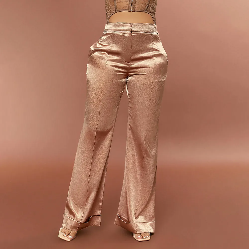 Women High Waist Satin Wide Leg Pants Solid Color Elegant Loose Flared Trousers With Pockets
