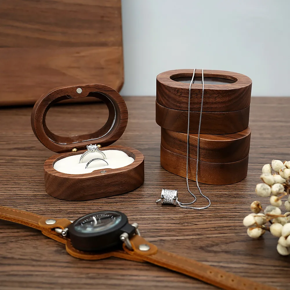 Walnut Wood Ring Box Oval Jewelry Storage Case With Velvet Lining For Proposal Engagement Wedding Portable Gift Holder