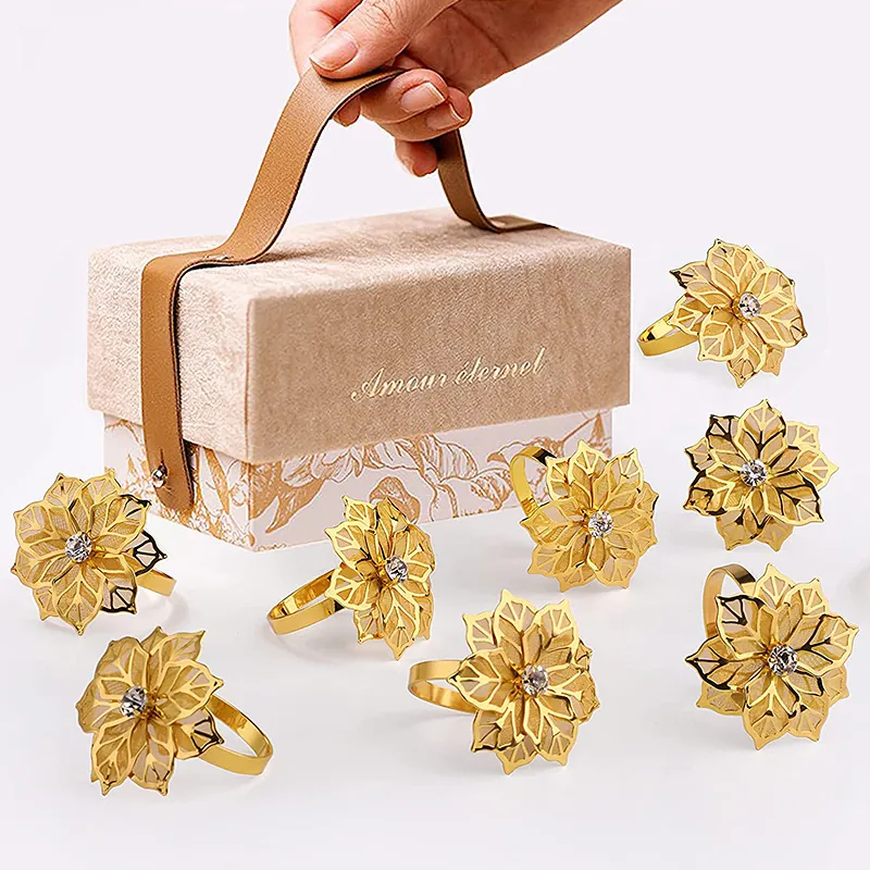 Napkin Rings Hollow Metal Flower Buckles Rhinestone Crystal Inlay Elegant Table Decoration Wedding Party European Luxury