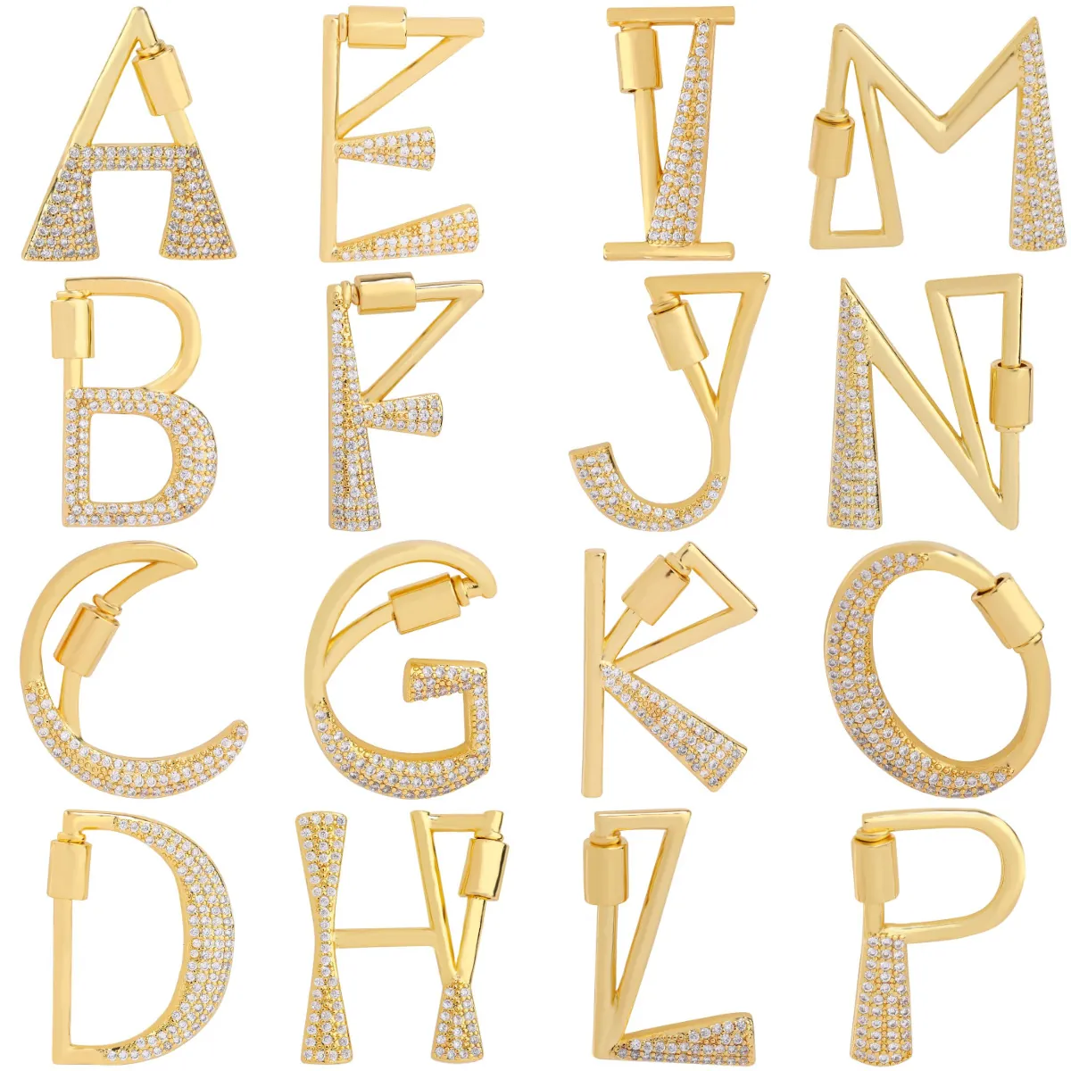 Letter Alphabet Pendant Clasp Gold Plated Copper Micro Pave White Zircon For DIY Necklace Screw Lock Jewelry Finding