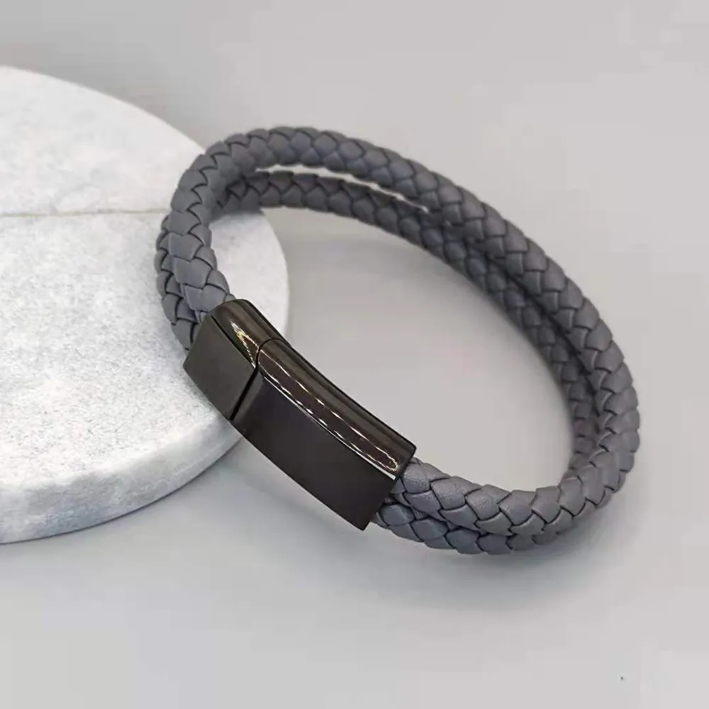 Layered Woven Leather Bracelet With Stainless Steel Magnetic Clasp Retro Men Jewelry