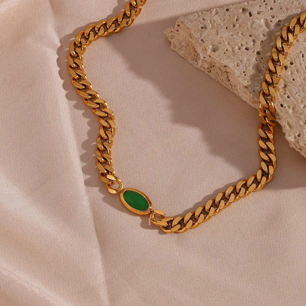 Fashion Stainless Steel Cuban Chain Choker Necklace With Green Oval Pendant Gold Plated Jewelry For Women Daily Accessories
