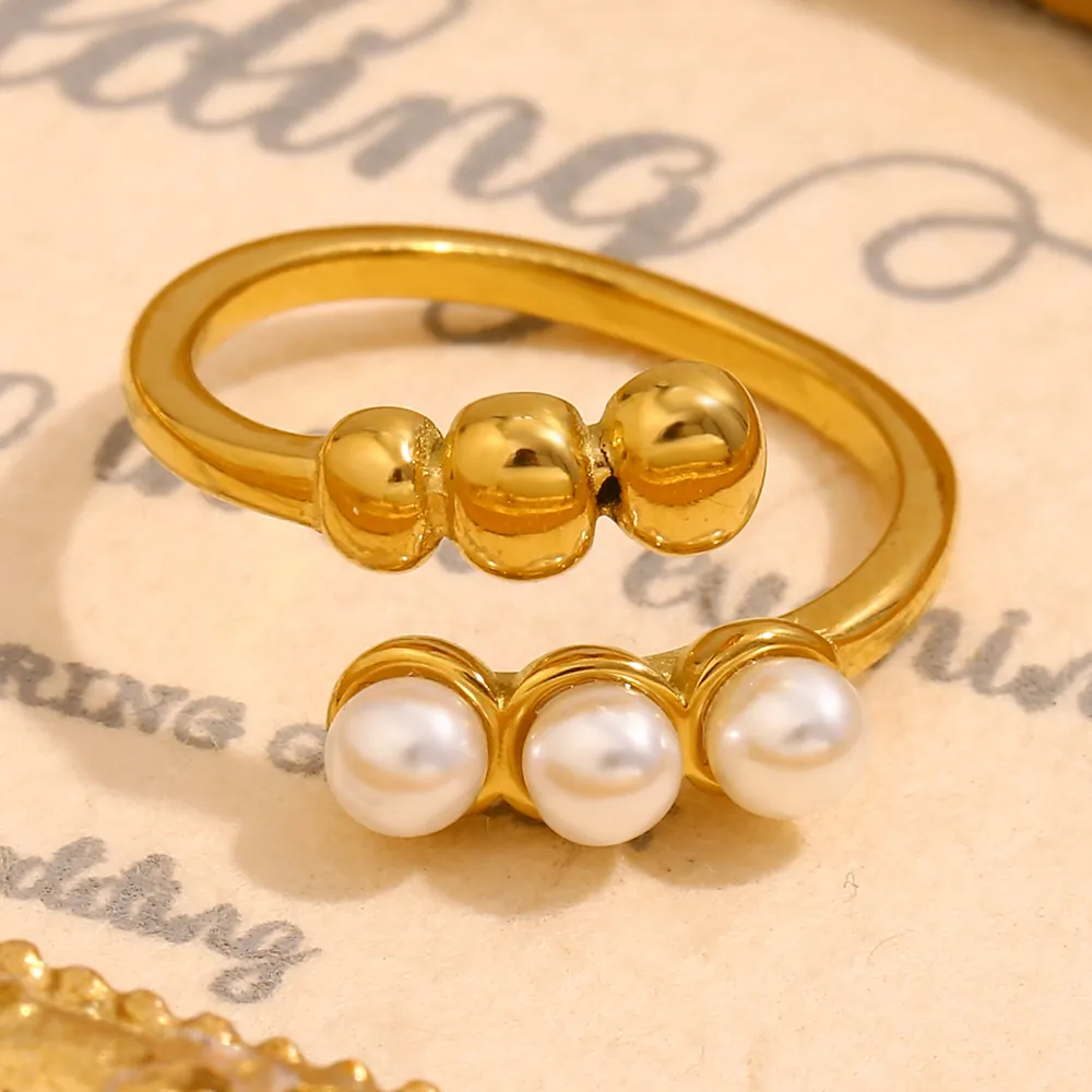 Adjustable Open Ring Stainless Steel 18K Gold Plated Faux Artificial Pearl Geometric Beads French Style For Women