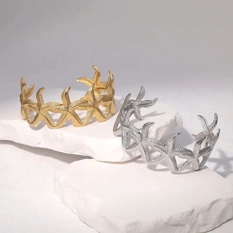Bracciale Rigido A Stella Marina Acciaio Inossidabile Placcato Oro 18K Aperto Regolabile Gioielli Di Moda Spiaggia Oceano Per Donna