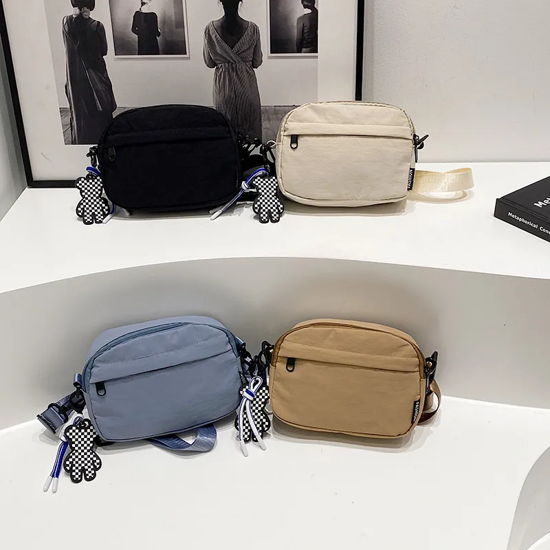 Nylon Crossbody Bag Mini Square Phone Pouch For Women Casual Streetwear Student Bag With Checkered Bear Pendant
