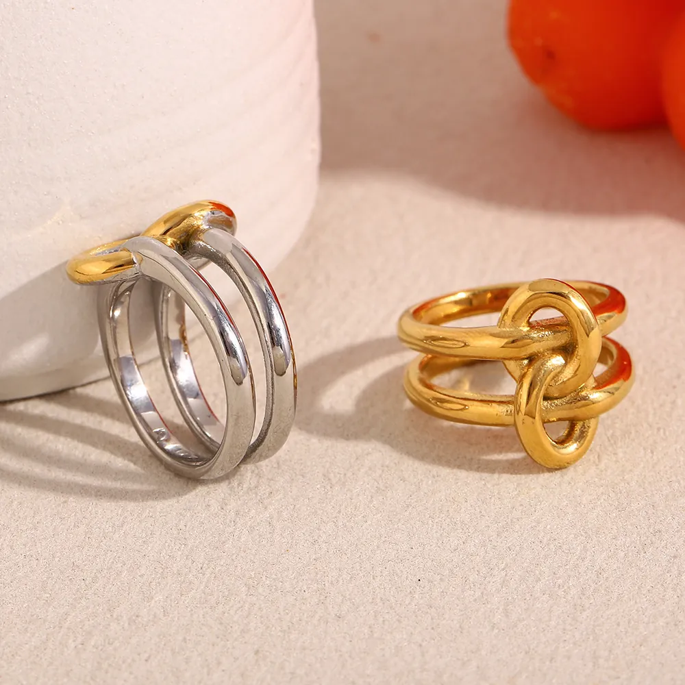 Layered Knotted Ring 18K Gold Plated Stainless Steel Bicolor Interlocking Geometric Fashion Jewelry For Women