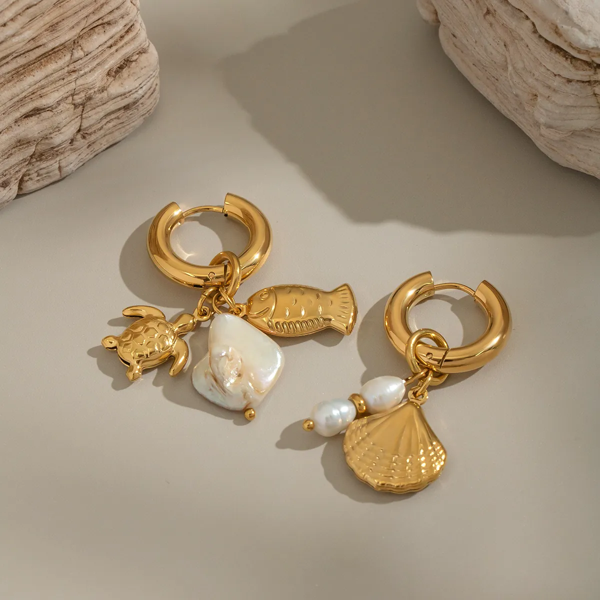 Créoles Asymétriques Océan Acier Inoxydable Plaque Or Künstliche Perle Naturelle Poisson Tortue Coquillage Bijoux Femmes