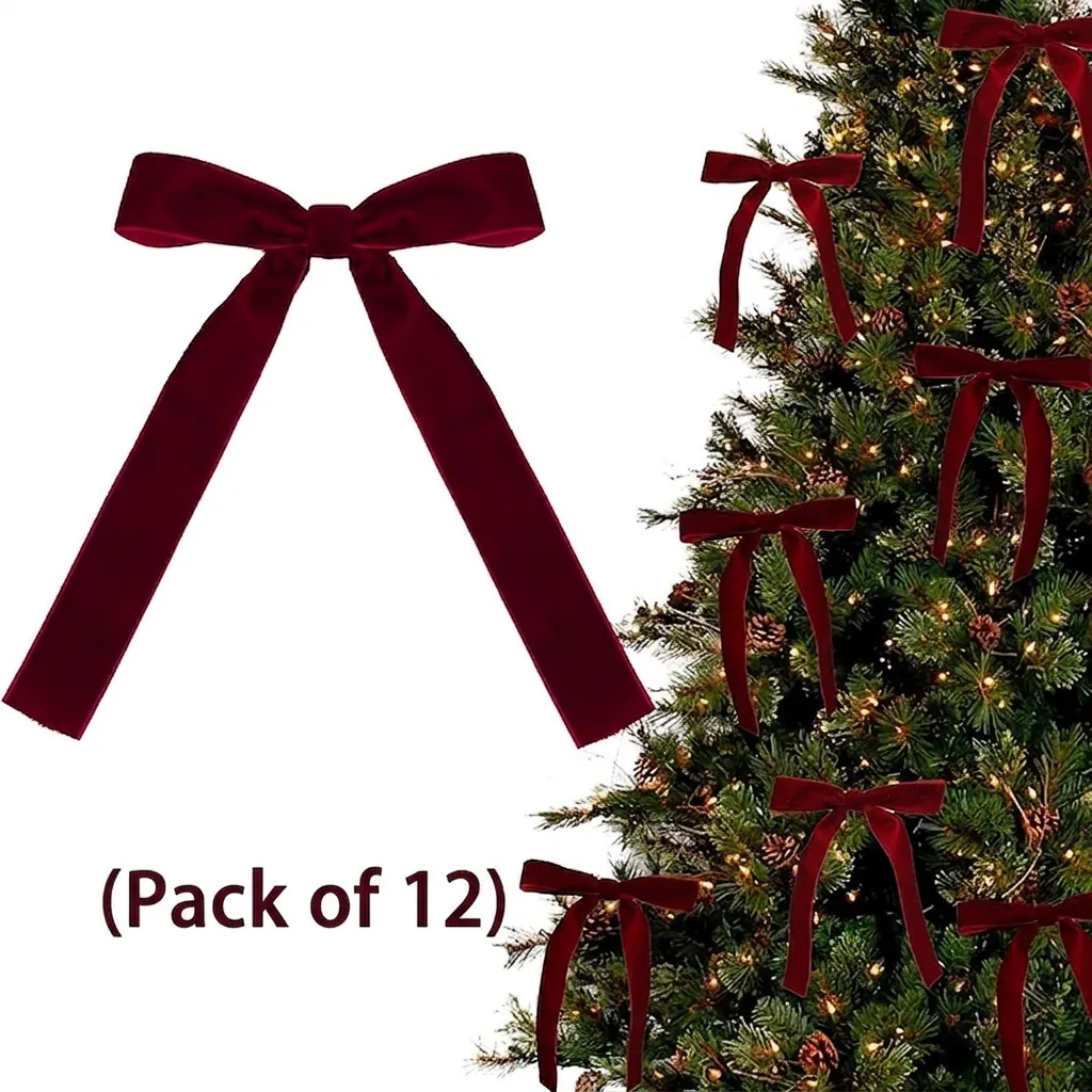 Christmas Velvet Ribbon Bows For Christmas Tree Decoration Wine Red Ribbon Bow Christmas Ornament For Holiday Home Party Decor