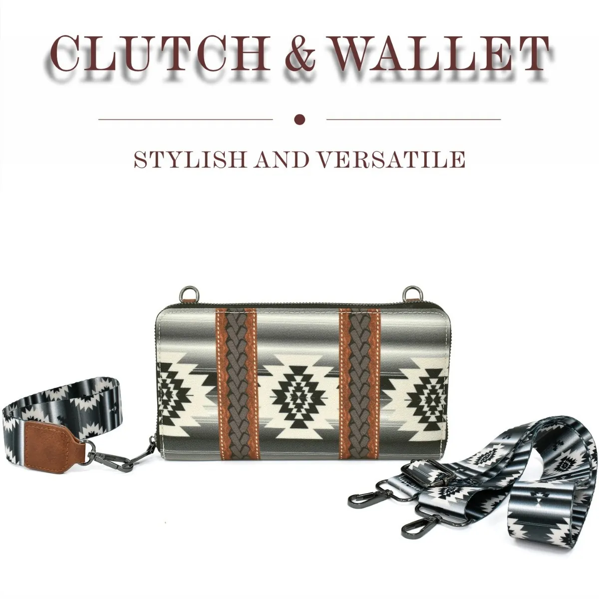Bohemian Ethnic Clutch Bag Canvas Aztec Tribal Pattern Long Wallet With Detachable Shoulder Strap For Women Stylish Versatile