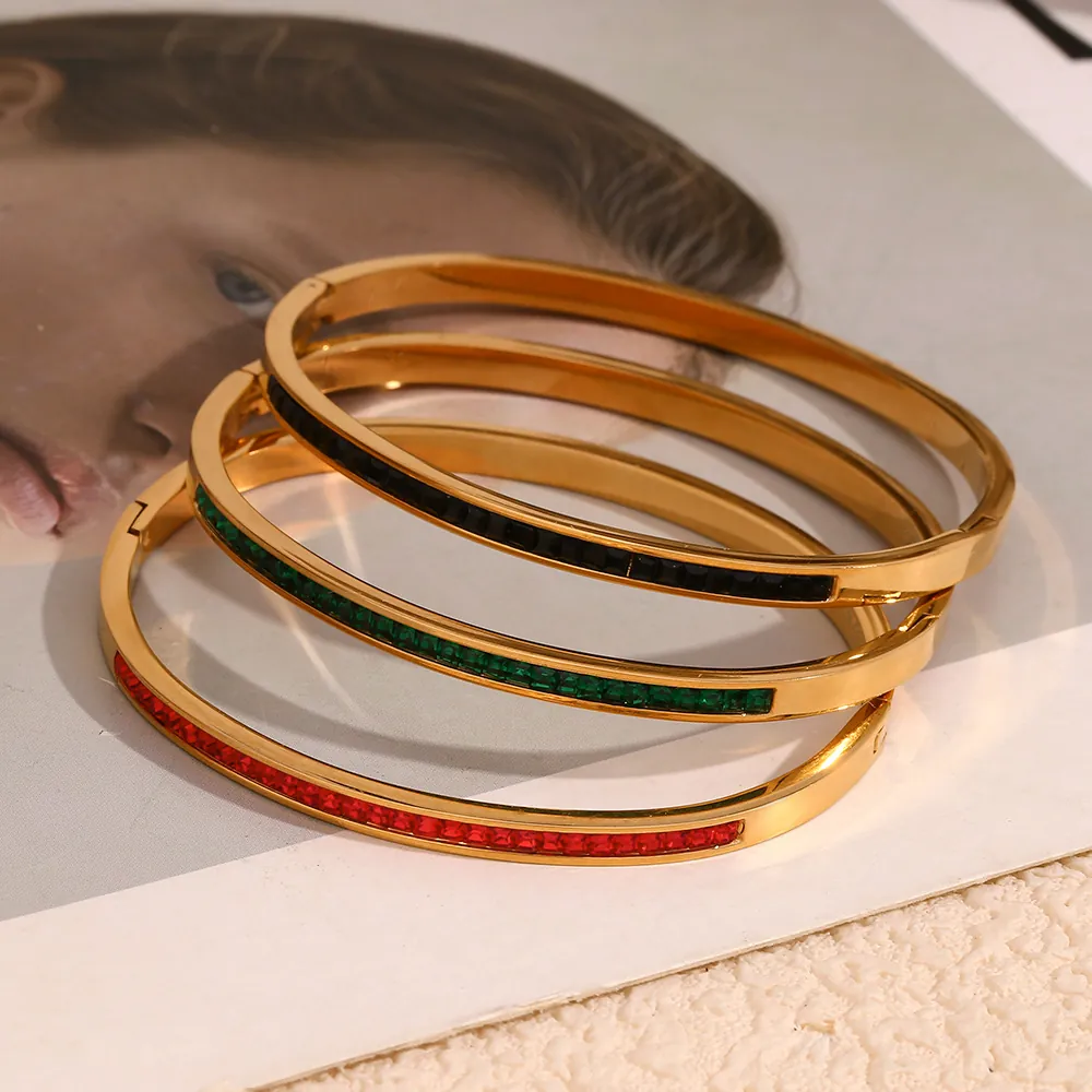 Edelstahl Armreif 18K Vergoldet Dünnes Scharnier Armband Mit Quadratischem Zirkonia Für Damen Minimalistische Mode