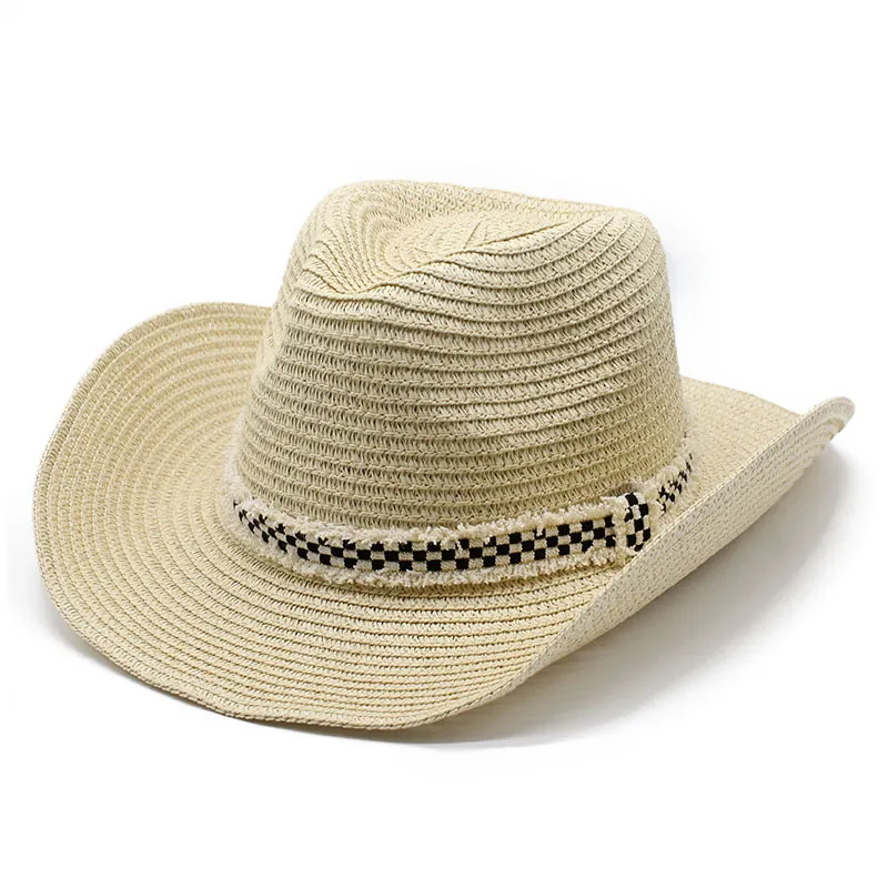 Strohhut Cowboy Schachbrett-Band Breite Krempe Sonnenschutz Strand Fedora Hut Für Damen Herren Sommer Reise Jazz Hut