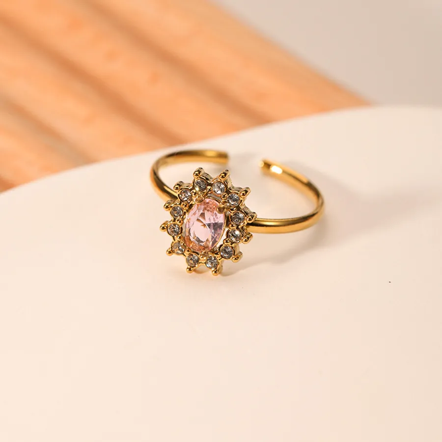 Sonnenblumen Zirkon Offener Ring 18K Vergoldet Edelstahl Französischer Stil Verstellbarer Schmuck Für Damen