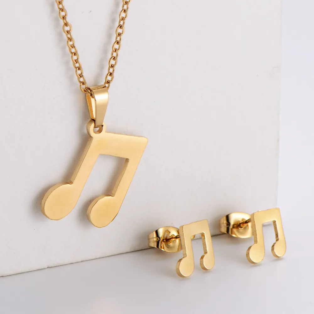 Music Note Necklace And Stud Earrings 18K Gold Plated 316L Stainless Steel Eighth Note Pendant For Women Jewelry Gift