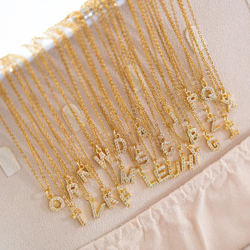 Women Initial Letter Necklace Gold Plated Copper Zirconia Inlaid Alphabet A-Z Pendant Minimalist Fashion Jewelry