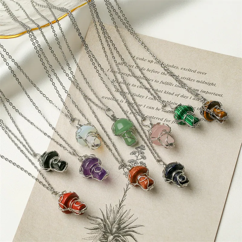 Collana Con Ciondolo A Fungo Pietra Di Cristallo Naturale Filo Di Rame Avvolto Gioielli Curativi Fatti A Mano