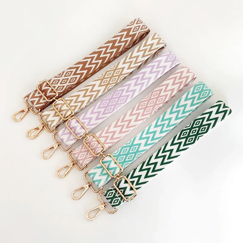 Adjustable Wide Bag Strap Replacement Shoulder Belt Geometric Wave Pattern Polyester Cotton With Metal Buckles