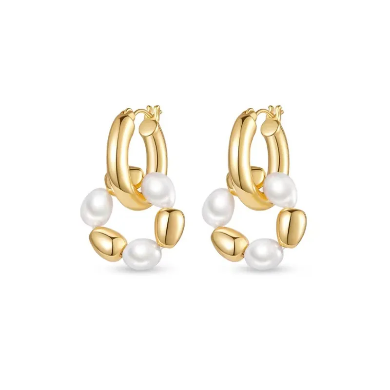 Baroque Freshwater Pearl Hoop Earrings 18K Gold Plated Copper Irregular Asymmetric Dangle Jewelry For Women Elegant