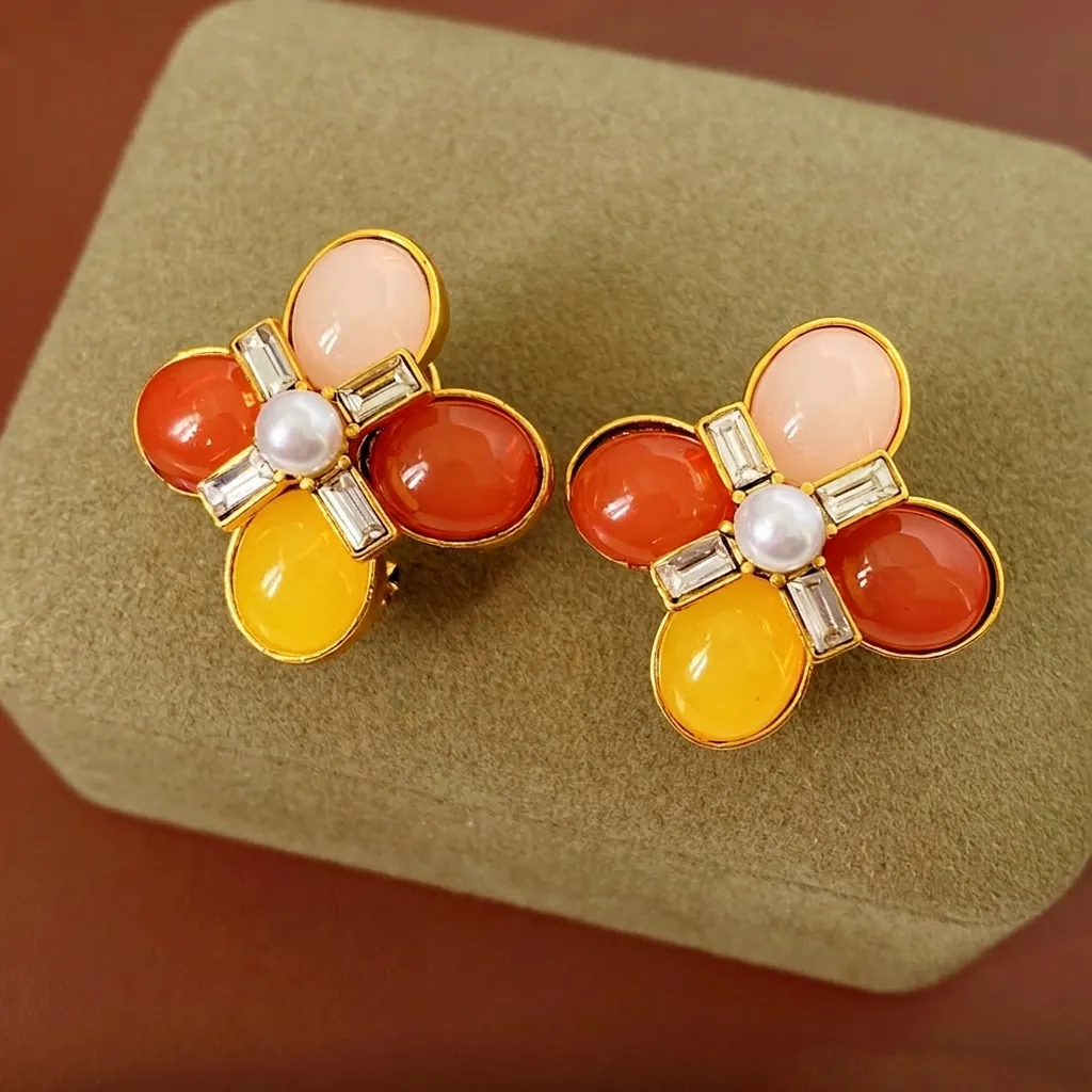 Boucles D'oreilles Fleurs Avec Tige Argent Alliage Résine Strass Style Palais Vintage Français Bijoux