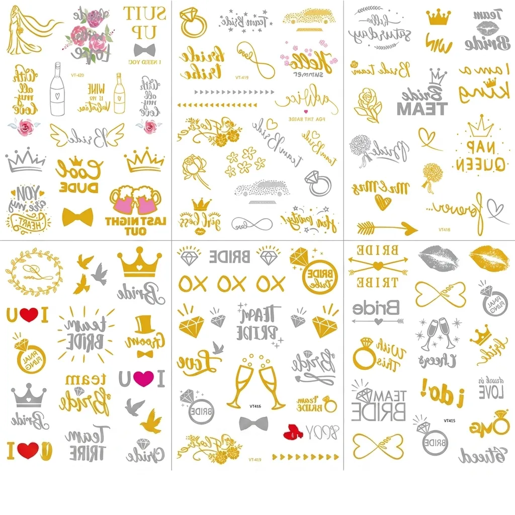 Metallic Gold Silver Temporary Tattoo Stickers Waterproof Team Bride For Bachelorette Party Wedding Bridal Shower
