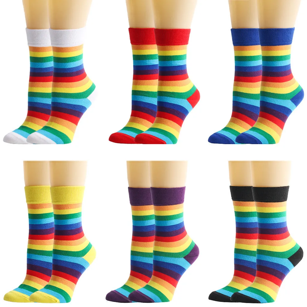 Rainbow Striped Crew Socks Cotton Spandex Elastic Colorful Casual Party Mid Tube Novelty Fashion Unisex