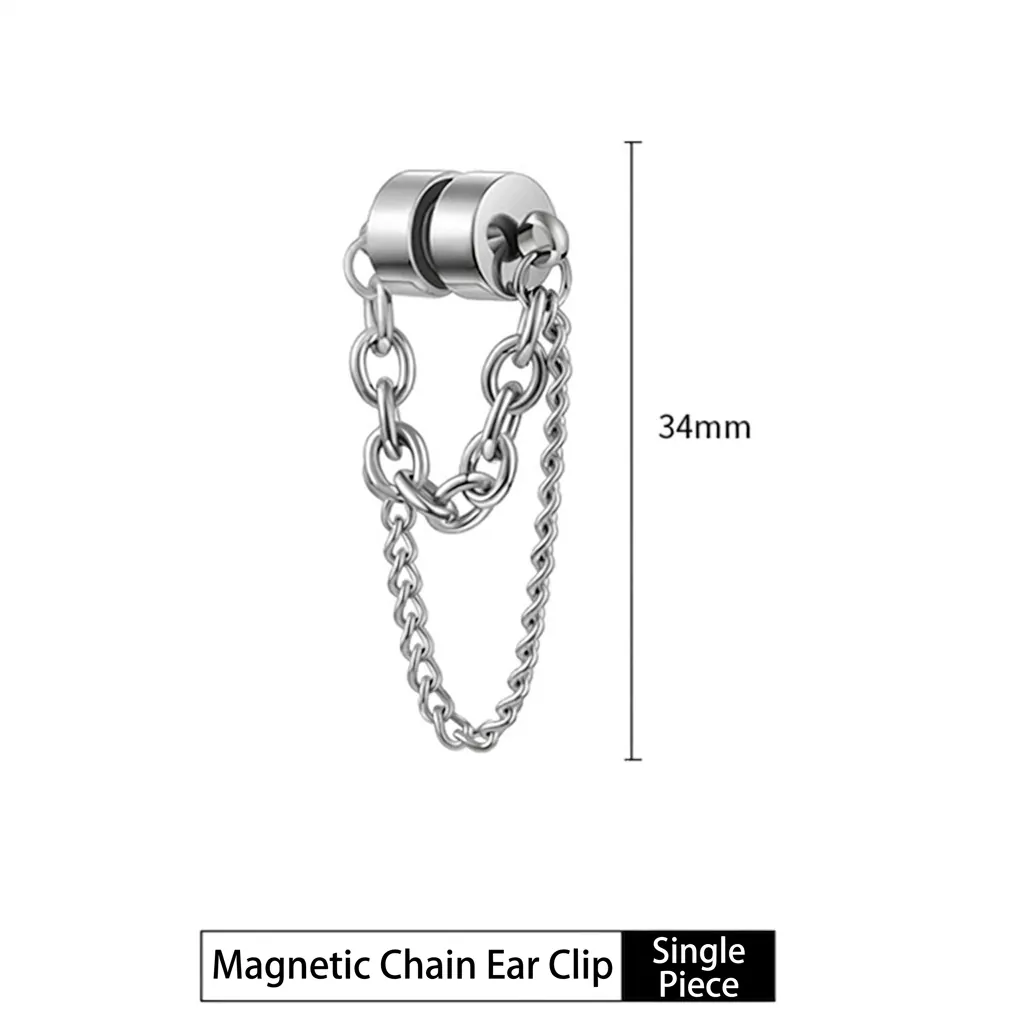 Magnetic Chain Ear Clip Alloy No Piercing Non-Pierced Double Chain Tassel Trendy Cool Unisex Earring Cuff Silver Color