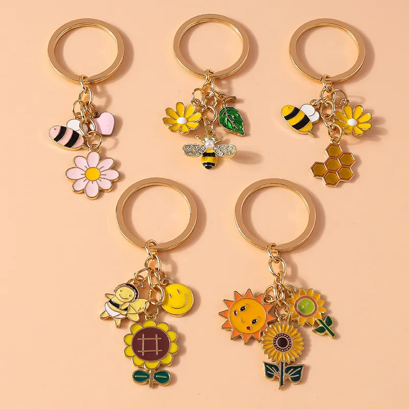 Bee Sunflower Daisy Keychain Metal Enamel Drip Oil Cute Cartoon Bag Pendant Key Ring Accessory For Women Girls