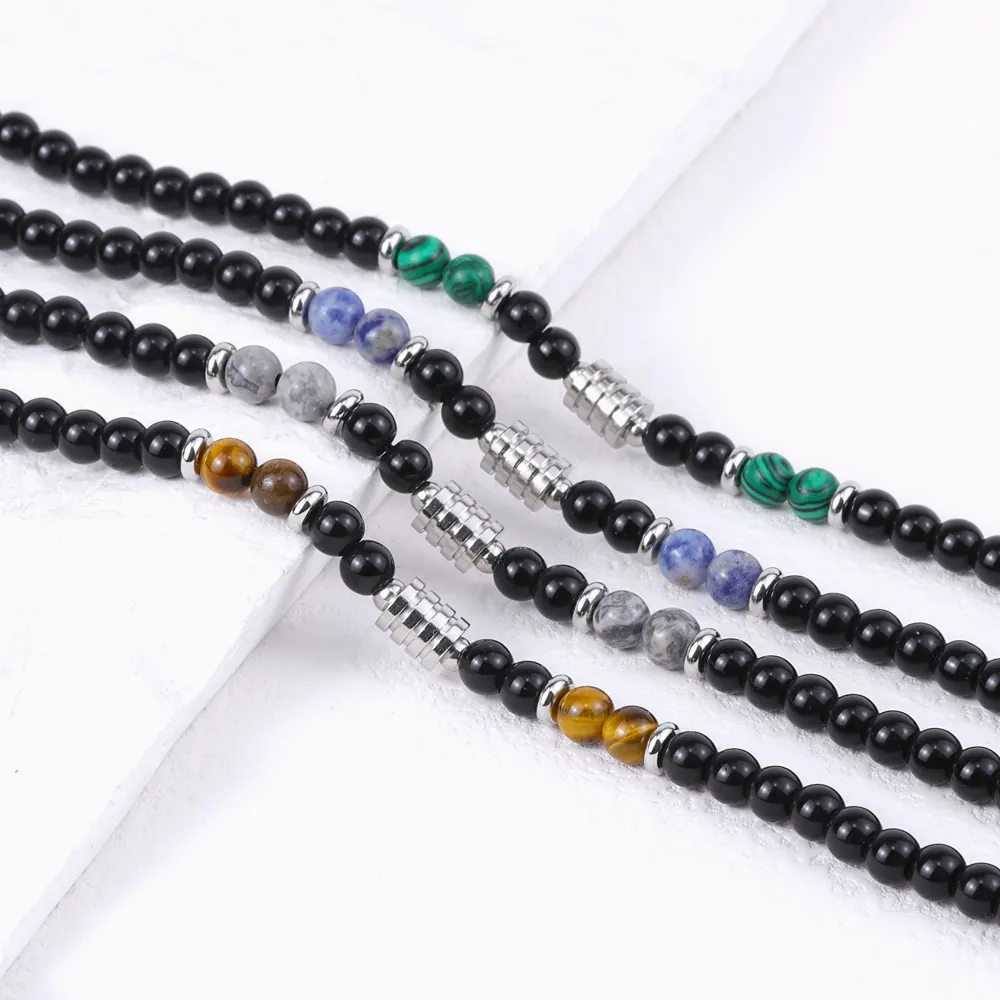 Beaded Necklace Natural Tiger Eye Stone Black Beads Stainless Steel Hip Hop Fashion Jewelry For Men