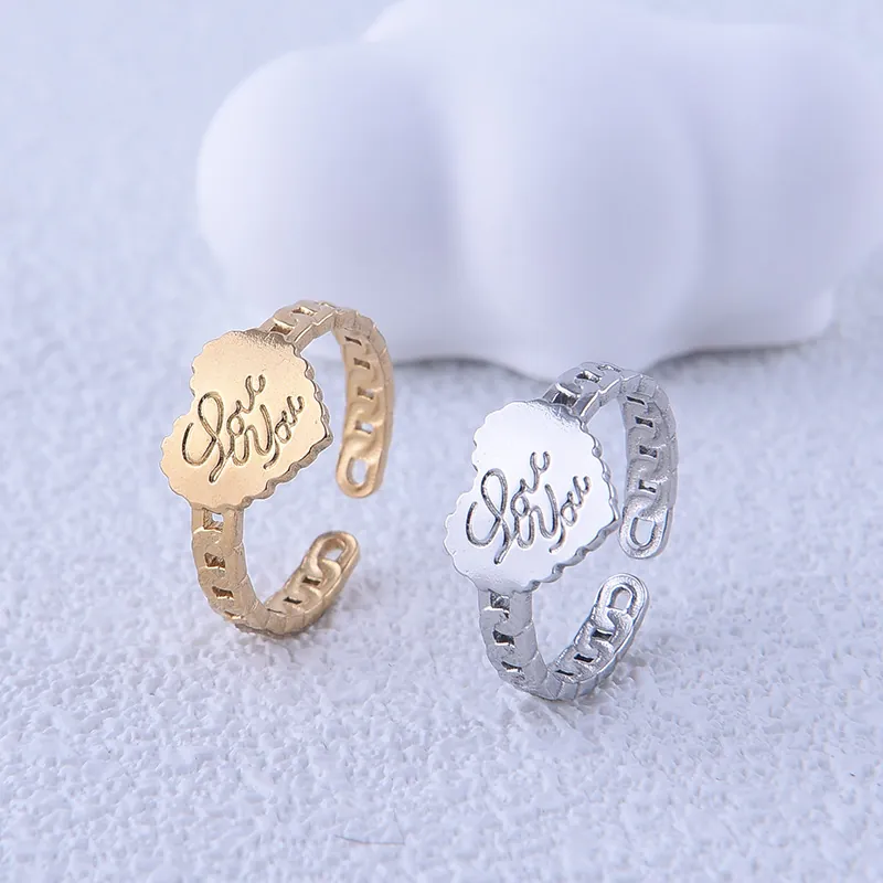 Bague Ouverte en Chaîne de Cœur en Acier Inoxydable Minimaliste pour Femme Lettre Gravée Ajustable Or Argent Bijoux Mode