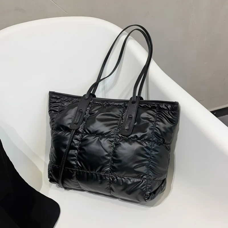 Quilted Puffer Tote Bag Women PU Leather Padded Large Capacity Shoulder Bag Casual Streetwear Black
