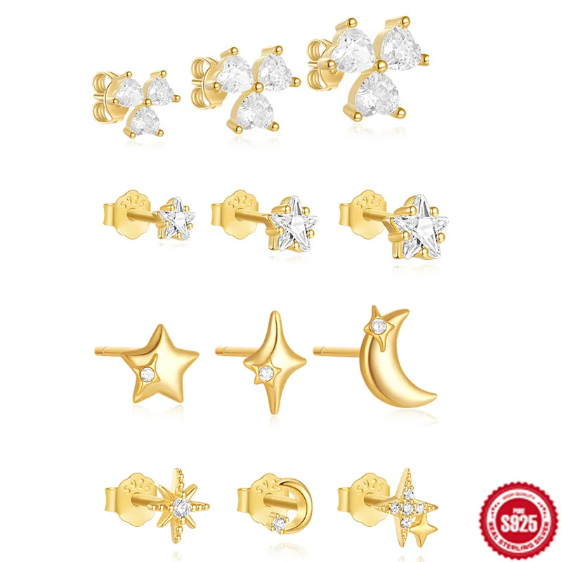925 Sterling Silver Gold Plated Stud Earrings For Women Minimalist Clover Heart Star Moon Rhinestone Earrings Jewelry Gift