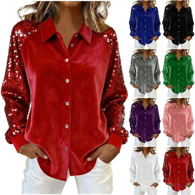 Women Velvet Blouse Sequin Sleeves Patchwork Long Sleeve Lapel Loose Button Down Shirt Party Casual