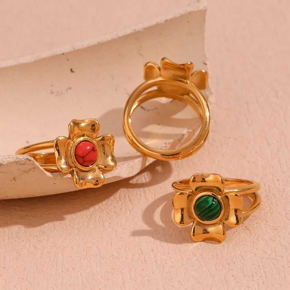 Vintage Flower Ring 18K Gold Plated Stainless Steel With Natural Stone Malachite Turquoise For Women