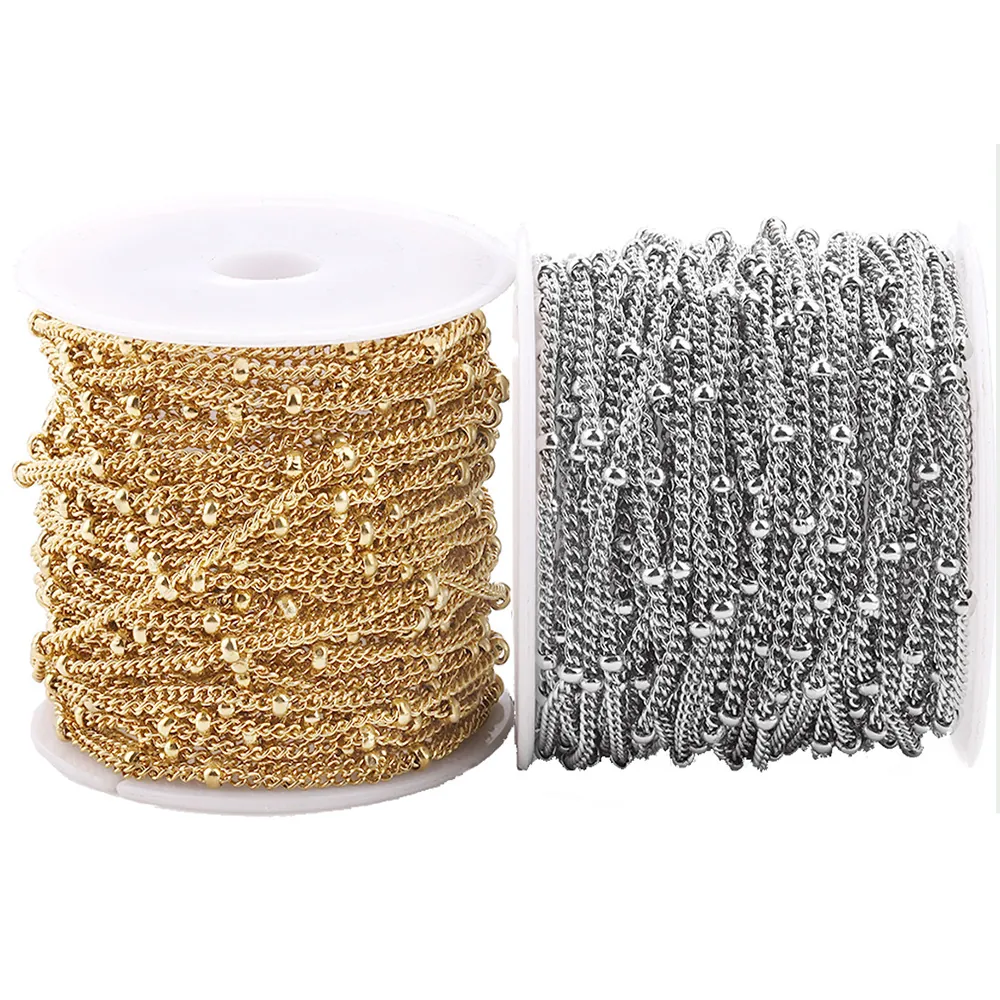 Stainless Steel Satellite Chain Curb Link With Beads Bulk Reel For DIY Jewelry Making Necklace Bracelet Craft Accessory