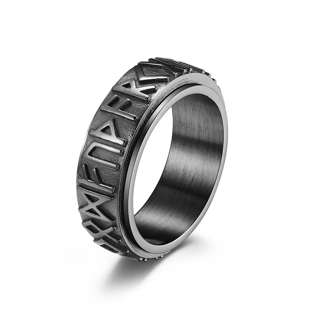 Bague Spinner Runique Viking en Acier Inoxydable Vintage pour Hommes Femmes Alphabet de la Mythologie Nordique Rotative Anti-Stress