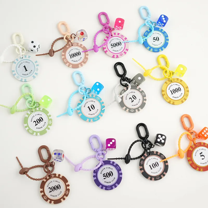 Poker Chip And Dice Keychain Resin Plastic Monte Carlo Style Colorful Bag Pendant Car Key Ring Creative Gift