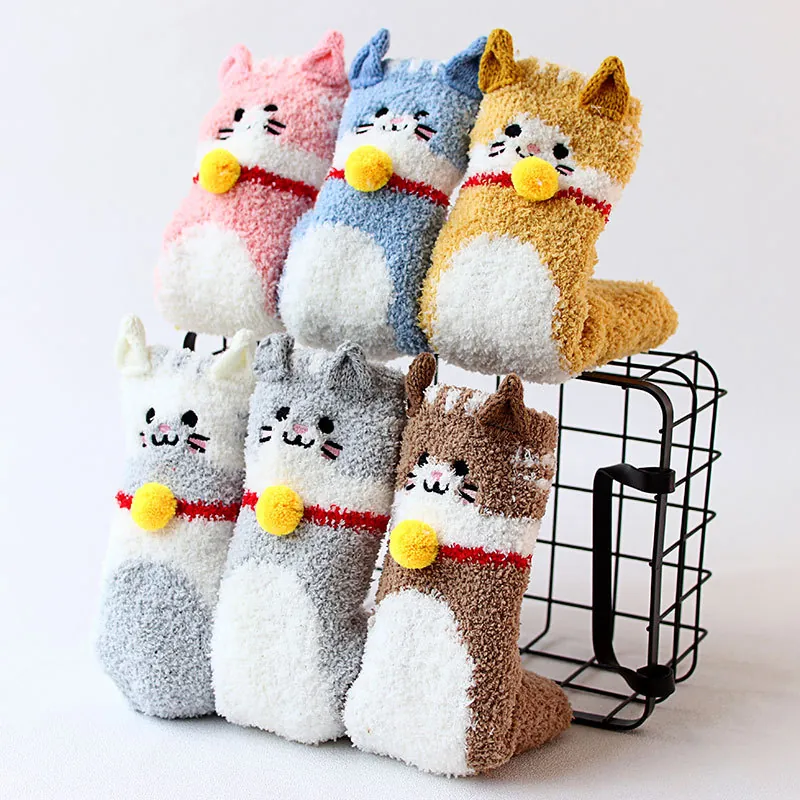 Women Cute Cat Coral Fleece Fuzzy Socks 3D Ears Bell Decoration Warm Winter Home Sleeping Floor Embroidered Animal Socks