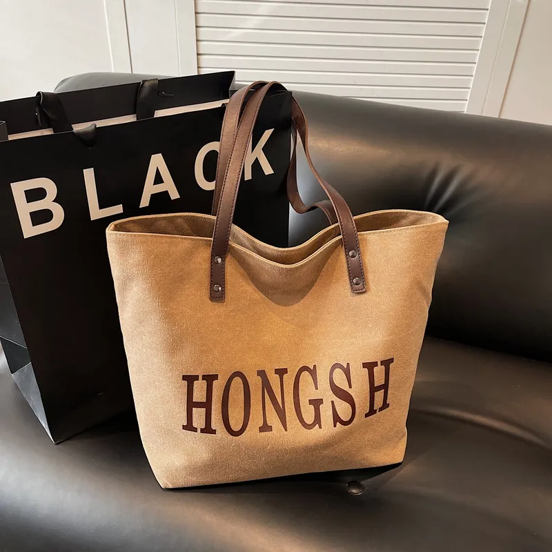Large Capacity Canvas Tote Bag Simple Letter Print Shoulder Handbag For Women Daily Commuting School Versatile
